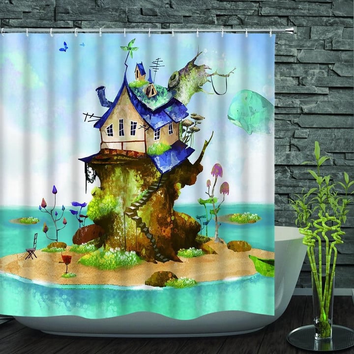 Tree House Turquoise Polyester Cloth 3D Printed Shower Curtain  Home Decor Gift Idea