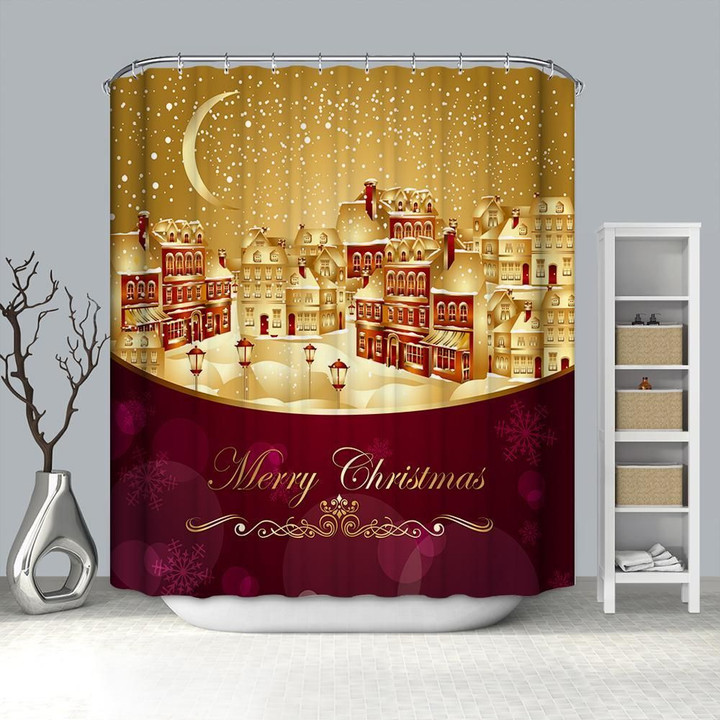 Golden Christmas Town Shower Curtains Bathroom Decor