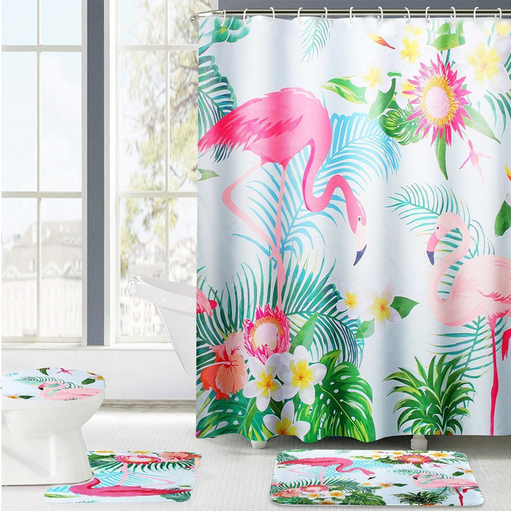 Colorful Flamingo Tropical Leaves  3D Printed Shower Curtain  Home Decor Gift