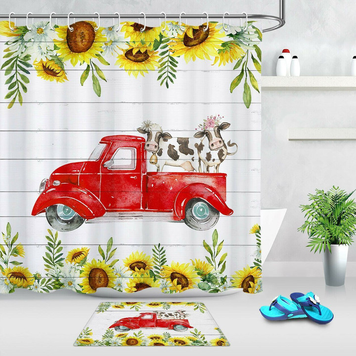 3D Printed Shower Curtain Set Cartoon Heifer Retro Truck Spring Flowers Home Decor Gift