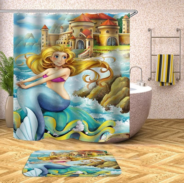Mermaid Shower Curtains Fabric Kids Turquoise Polyester Cloth Bathroom Curtains