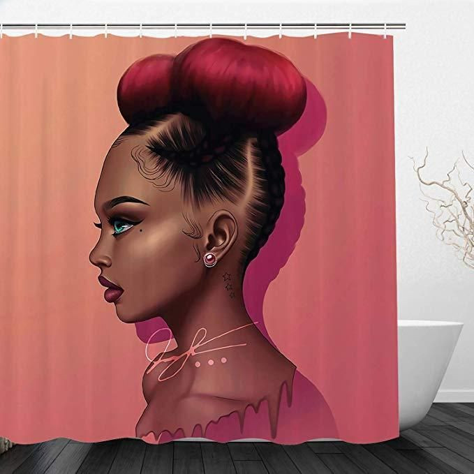 Cute Short Hairstyle Burgundy Afro Black Girl 3D Printed Shower Curtain