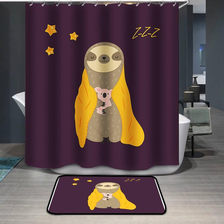 Sleepy Funny Sloth Turning In Blanket And Toy Shower Curtain