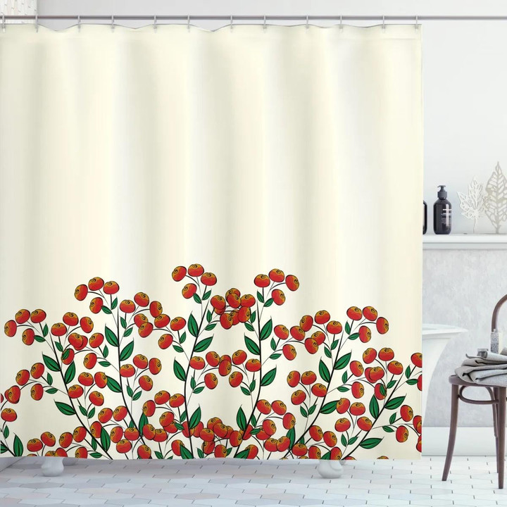 Red Clusterberry Leaves Design Printed Shower Curtain Home Decor