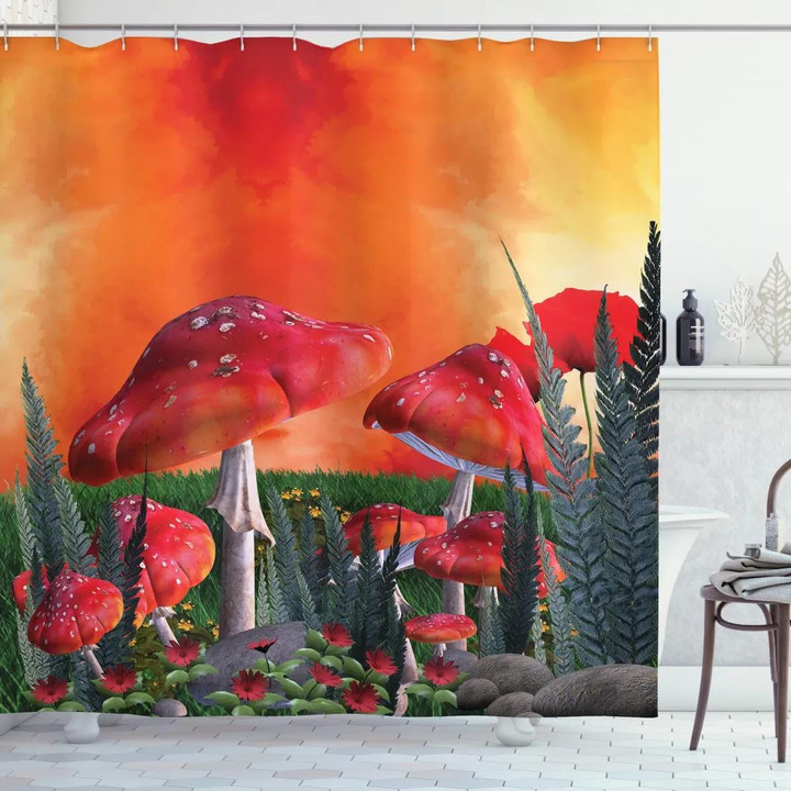 Clouds Leaves Poppies Printed Shower Curtain Bathroom Decor
