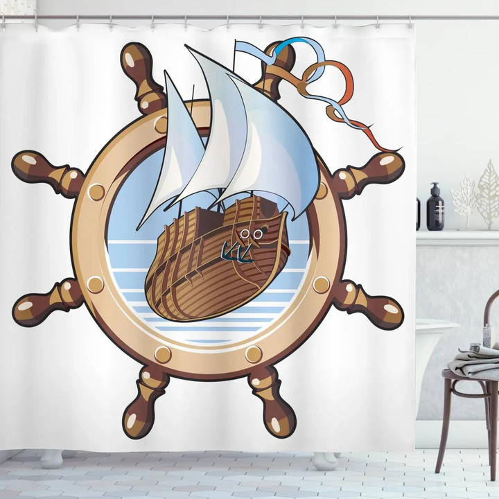 Ships Wheel Sailing Design Printed Shower Curtain Home Decor