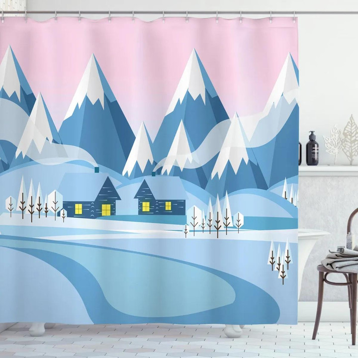 Winter Landscape Cottages Printed Shower Curtain Bathroom Decor
