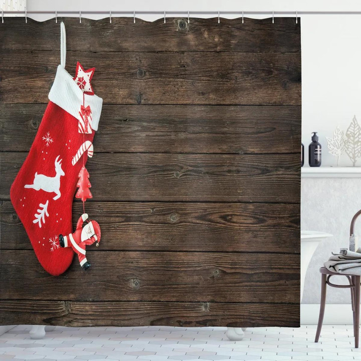 Stocking On Wooden Design Printed Shower Curtain Home Decor