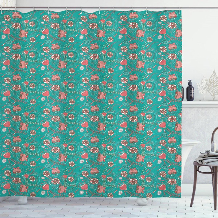 Abstract Flowers Dots Pattern Printed Shower Curtain Bathroom Decor