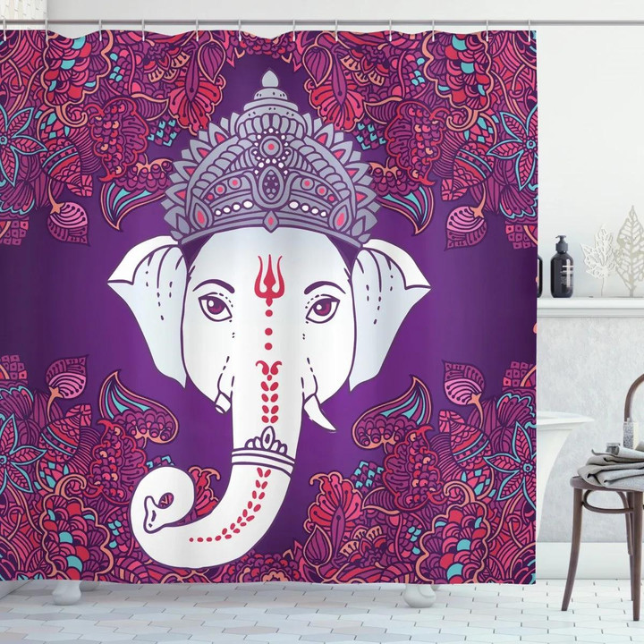 Elephant Floral Design Printed Shower Curtain Bathroom Decor