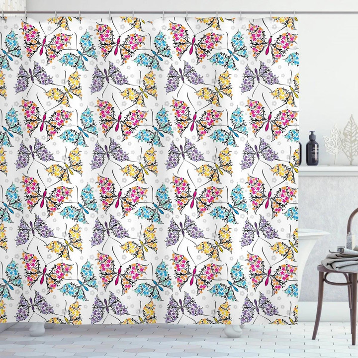Abstract Floral Wings Pattern Printed Shower Curtain Bathroom Decor