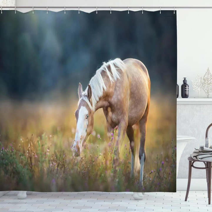 Palomino Horse Grazing Pattern Printed Shower Curtain Bathroom Decor