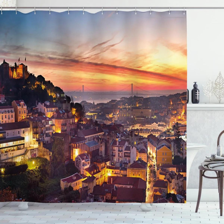 Cityscape Of Lisbon Printed Shower Curtain Bathroom Decor