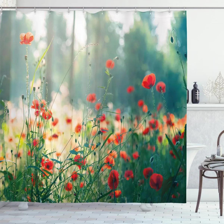 Wild Red Poppy Field Design Printed Shower Curtain Home Decor
