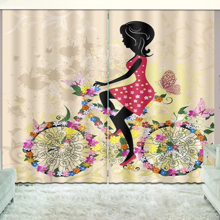 Woman Riding Bike Printed Window Curtain Home Decor