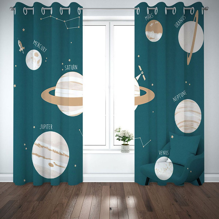 3D Planets And Stars Dark Blue Printed Window Curtain Home Decor
