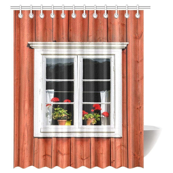 Red Flowers On Wood House Printed Window Curtain