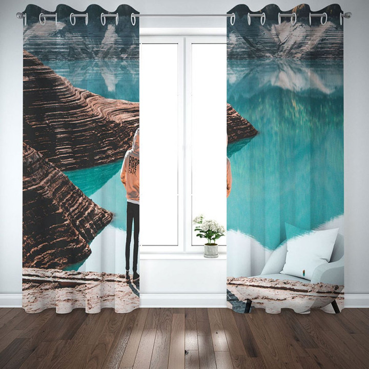 3D Man Standing By Lake Printed Window Curtain Home Decor