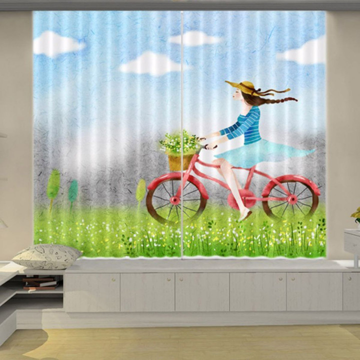 Girl Riding Bike Printed Window Curtain Home Decor