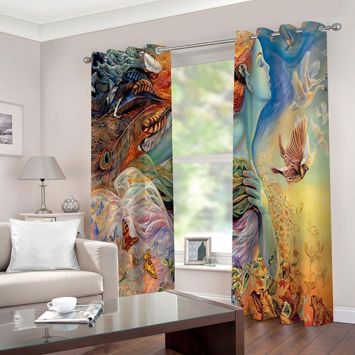 3D Oil Painting Of Woman And Birds Printed Window Curtain Home Decor