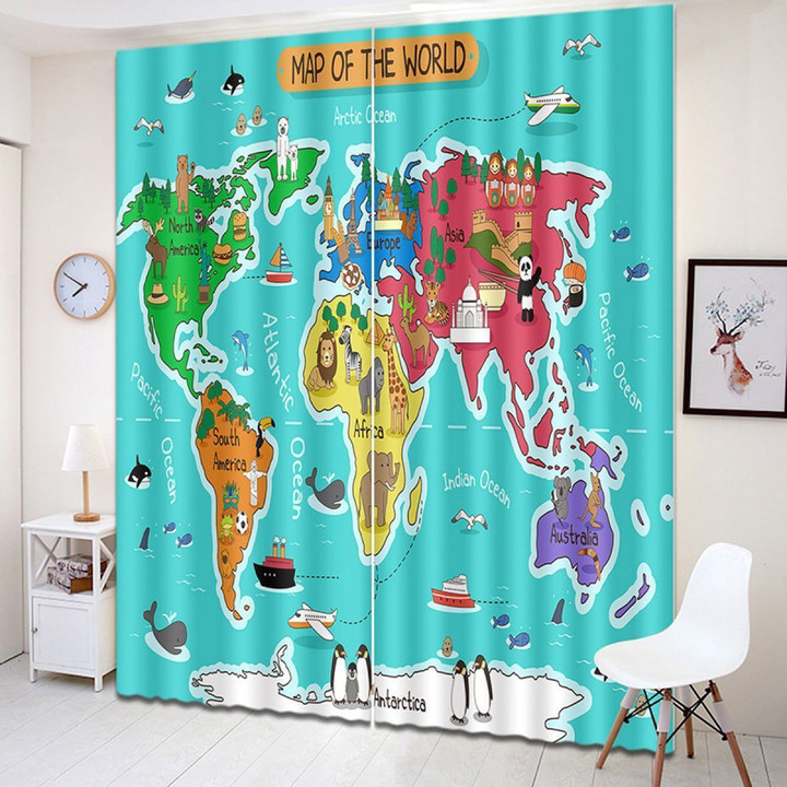 3D Lovely Animals World Map Printed Window Curtain Home Decor