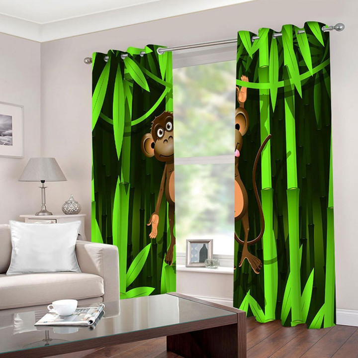 Monkey Swing In The Green Bamboo Forest Printed Window Curtain Home Decor