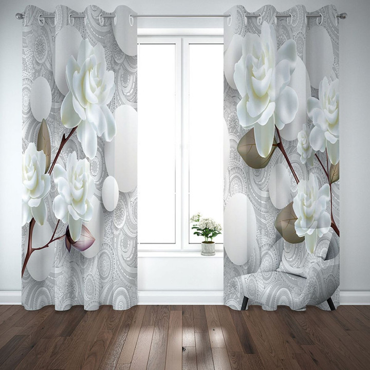 Peony Branches White Printed Window Curtain Home Decor