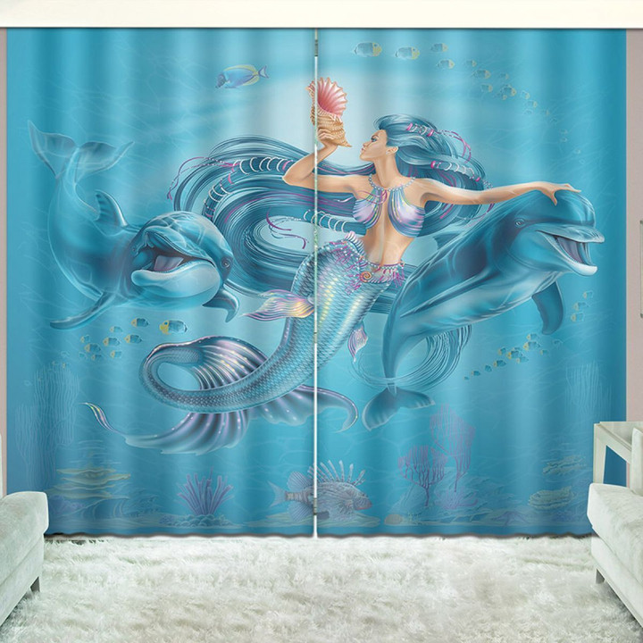 Mermaid And Dolphins In The Water Printed Window Curtain Home Decor