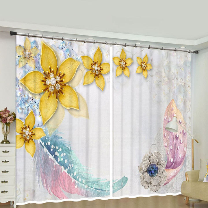 Feather And Diamond Flowers Printed Window Curtain Home Decor