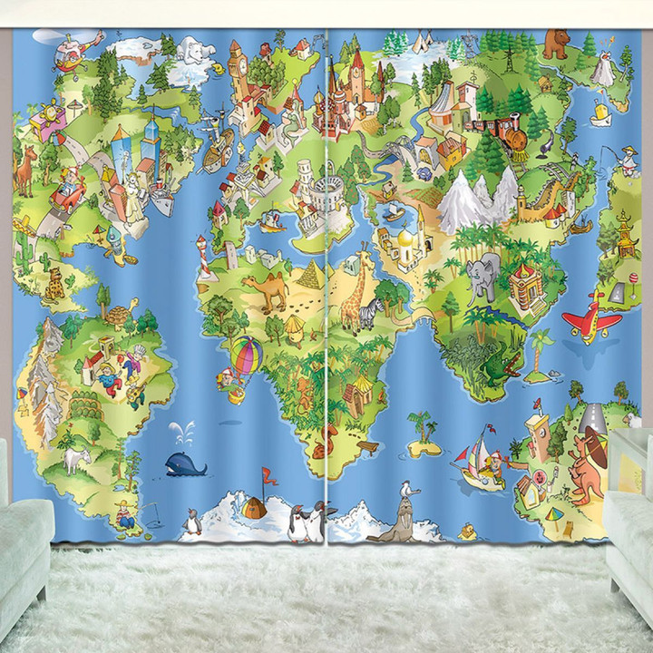 3D Animals World Map Printed Window Curtain Home Decor