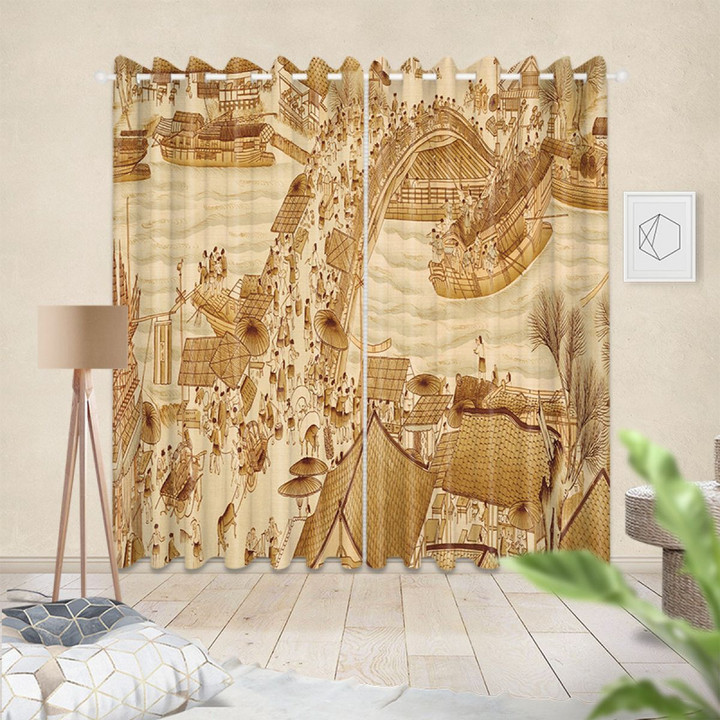 3D Riverside Scene At Qingming Festival Printed Window Curtain Home Decor