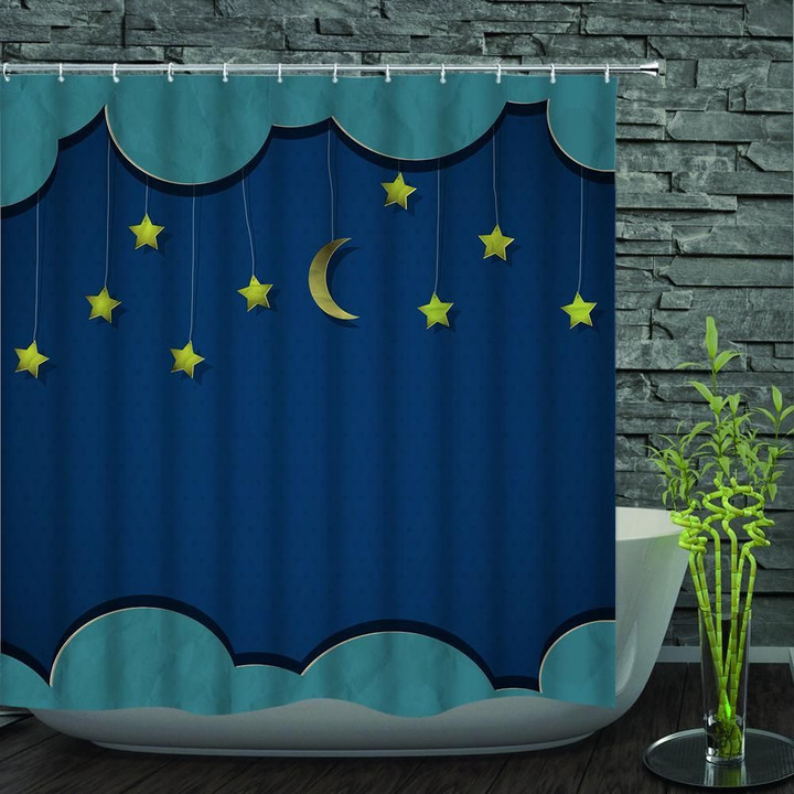 Moon And Star Shabby Chic Blue Polyester Cloth 3D Printed Shower Curtain