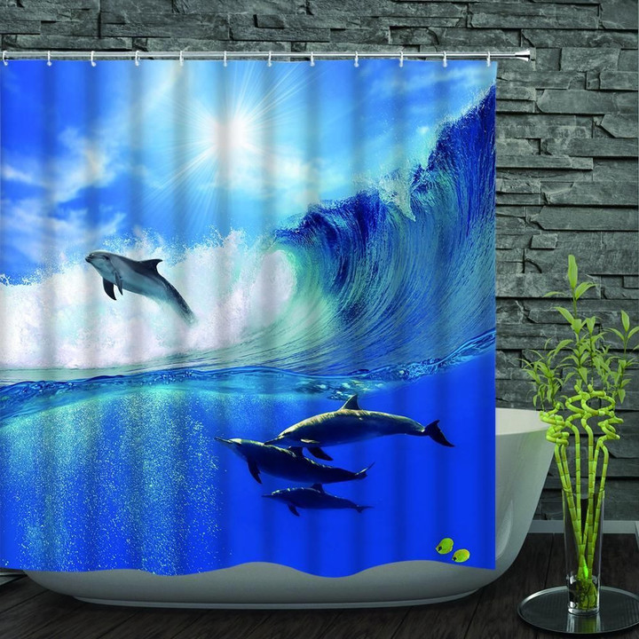 3D Printed Shower Curtain Dolphin Blue Polyester Fabric