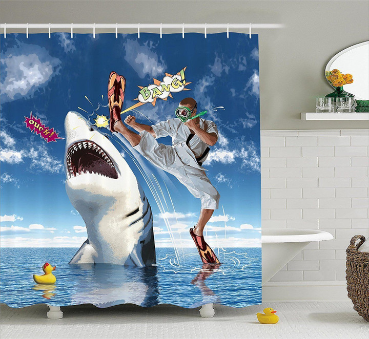 Funny Comic Design Hit Shark Karate Art Design 3D Printed Shower Curtain
