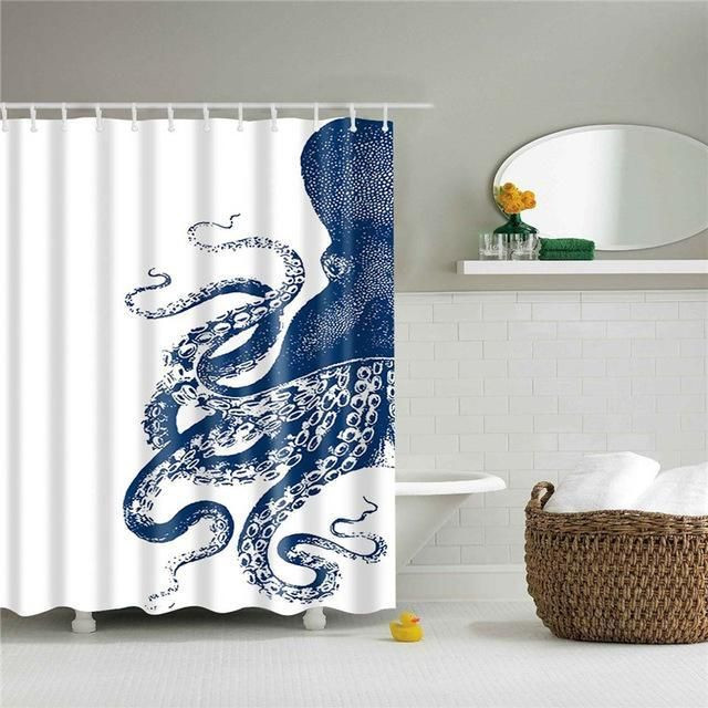 Blue & White Octopus Fabric Shower Curtain Vibrant Color High Quality Unique For Good Vibes Home Decor