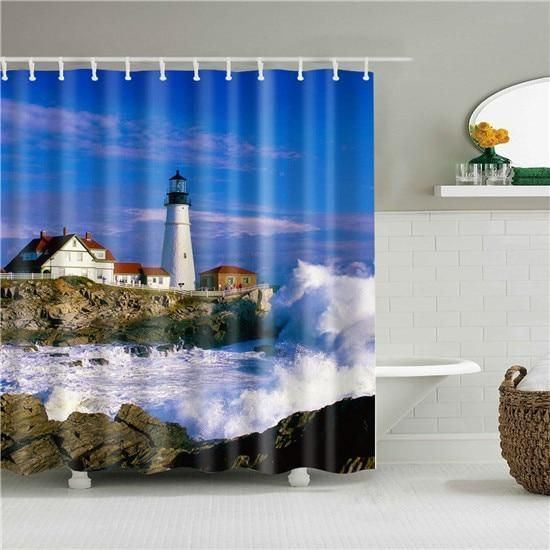 Rocky Shores Lighthouse 3D Printed Shower Curtain Bathroom Decor