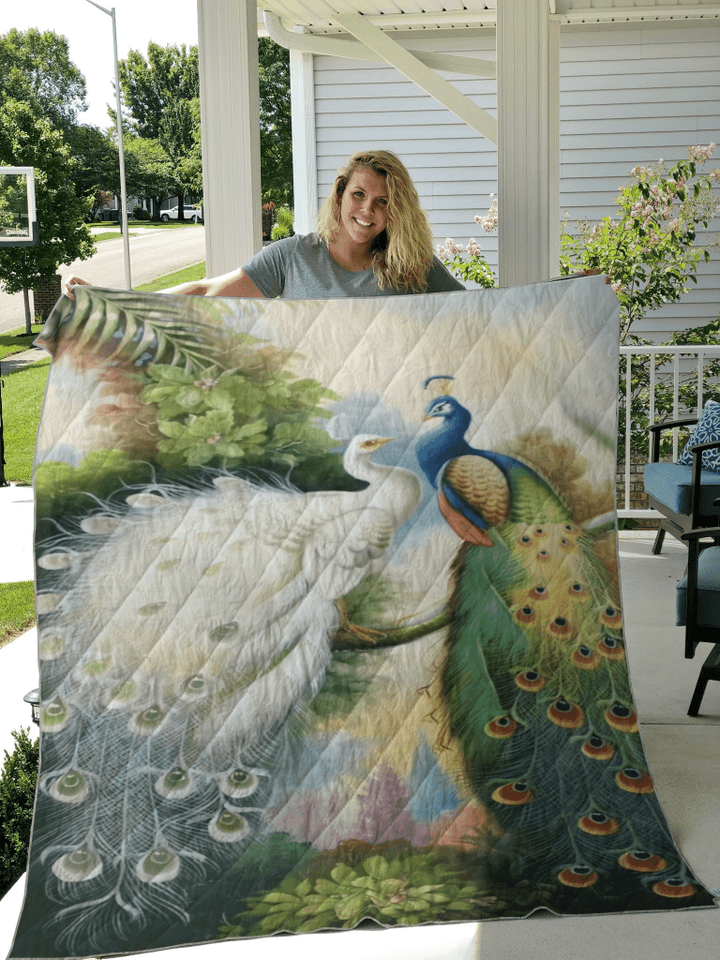 White And Green Peacock Couple Printed Quilt