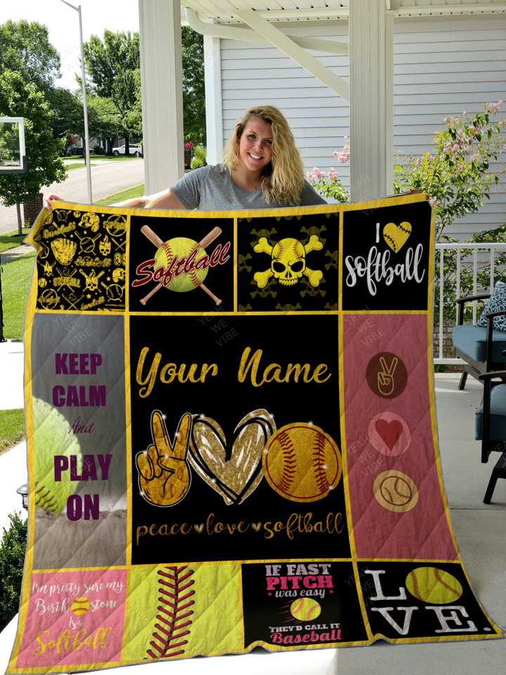 Peace Love Softball Personalize Custom Name Quilt