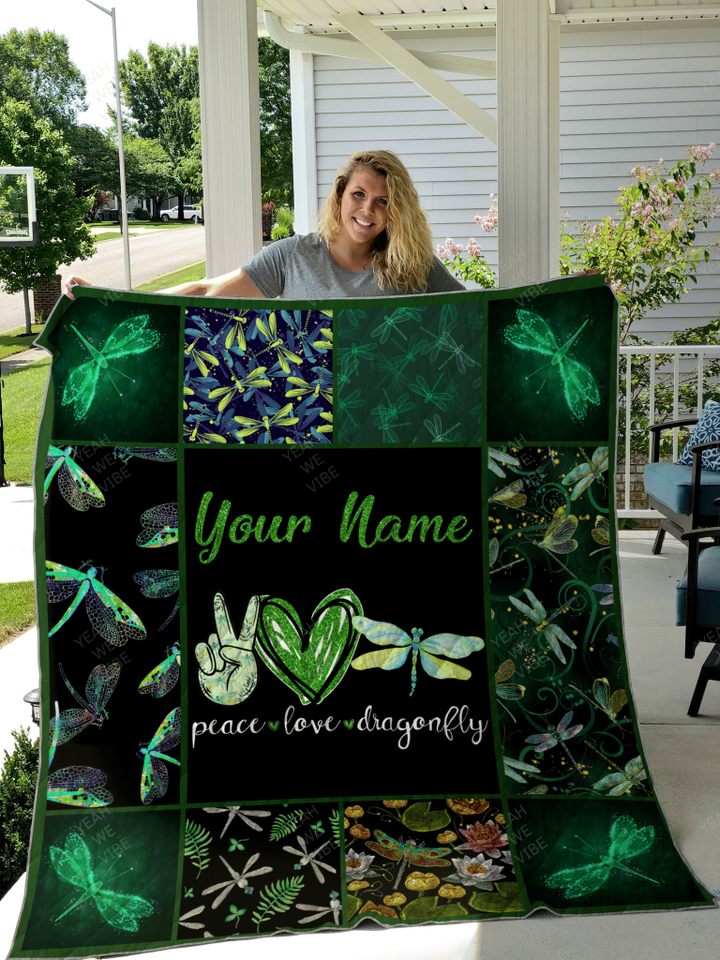Peace Love Dragonfly Personalize Custom Name Quilt