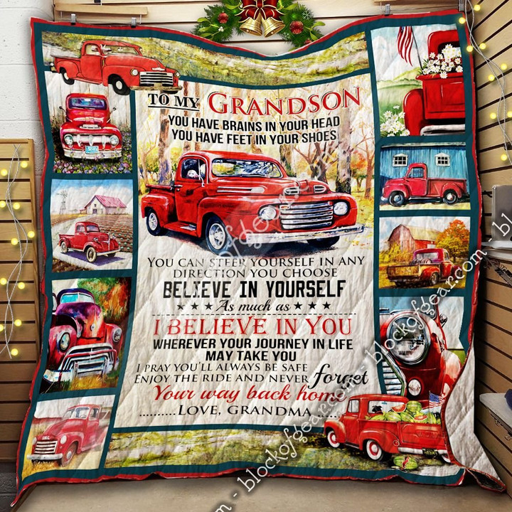 To My Grandson, Love Grandma – Red Truck Quilt
