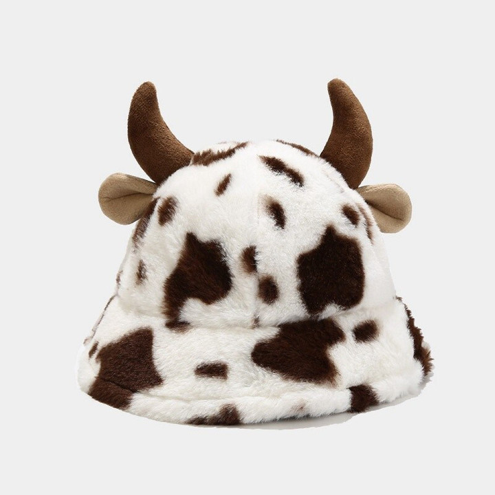 Cow Print Bucket Hat with Cute Horn for Women