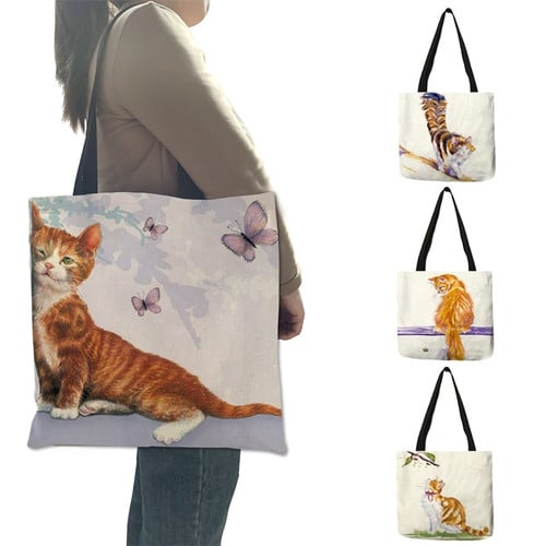 Cute Watercolor Pastoral Cat Painted Cloth Tote Bags
