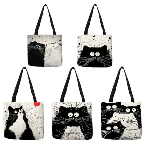 White Black Cat Printing Linen Tote Bags
