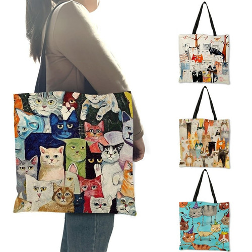 Lovely Pattern Cartoon Cats Image Printed Eco Linen Tote Bags