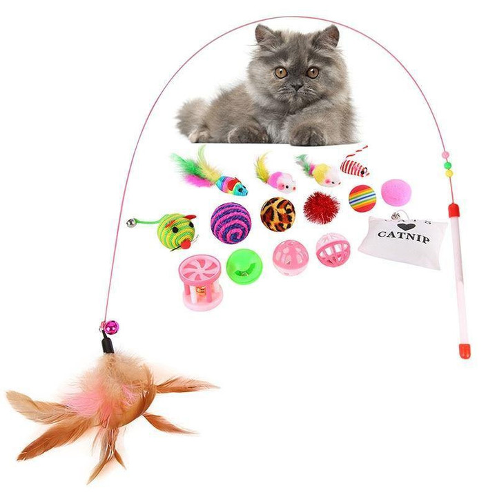 16 PCS Cat Toy Set Feather Teaser Wand Catnip Balls Mice