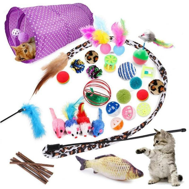 28Pcs Premium Cat Toys Assortments w/Balls Feather Mice & Tunnel