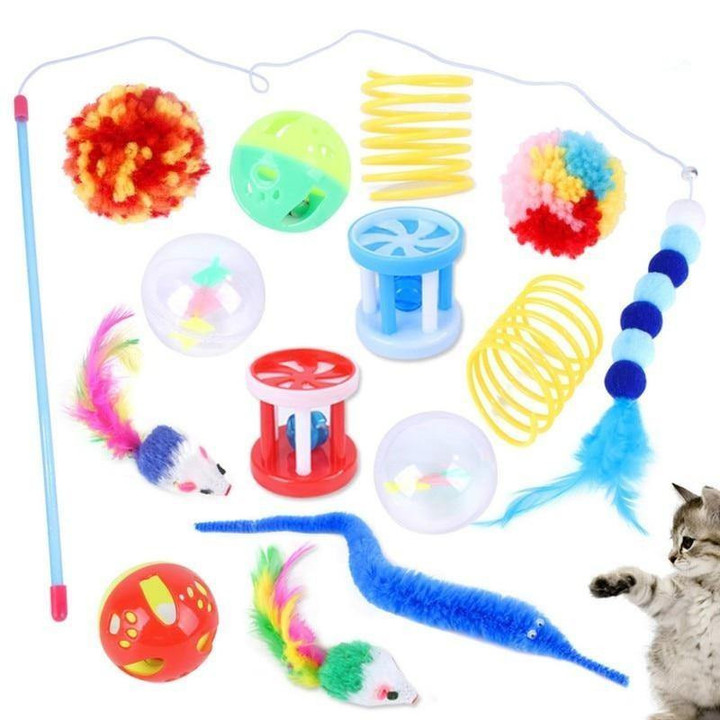 14 Pcs Interactive Cat Toy Set Balls Catnip Toy Feather Toys Mice Cat Teaser
