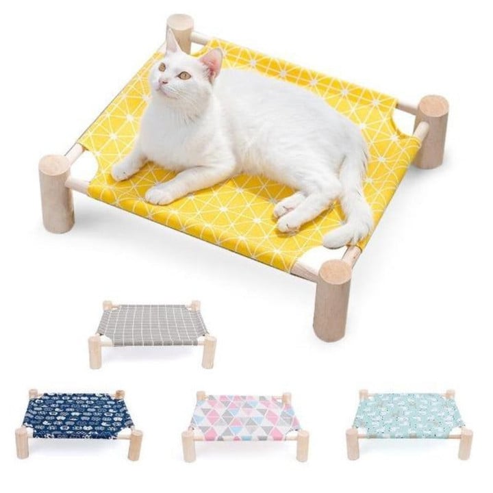 Daisy Elevated Cat Bed Natural Wood Hammock Canvas Lounger