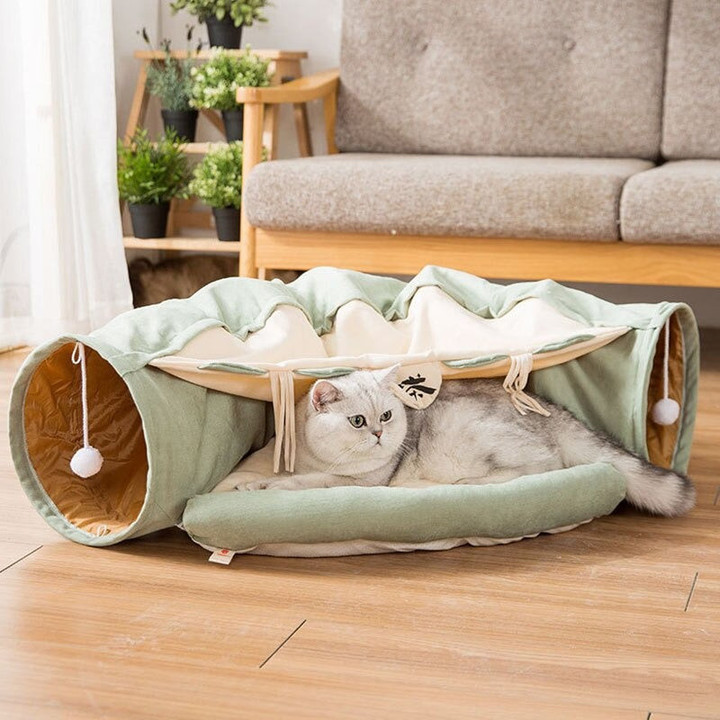2-in-1 Cat Tunnel Bed Play Mat With Hanging Balls