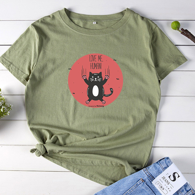 Women T-Shirt S-5XL Versatile Funny Cat Print Short Sleeve Casual O-Neck Female